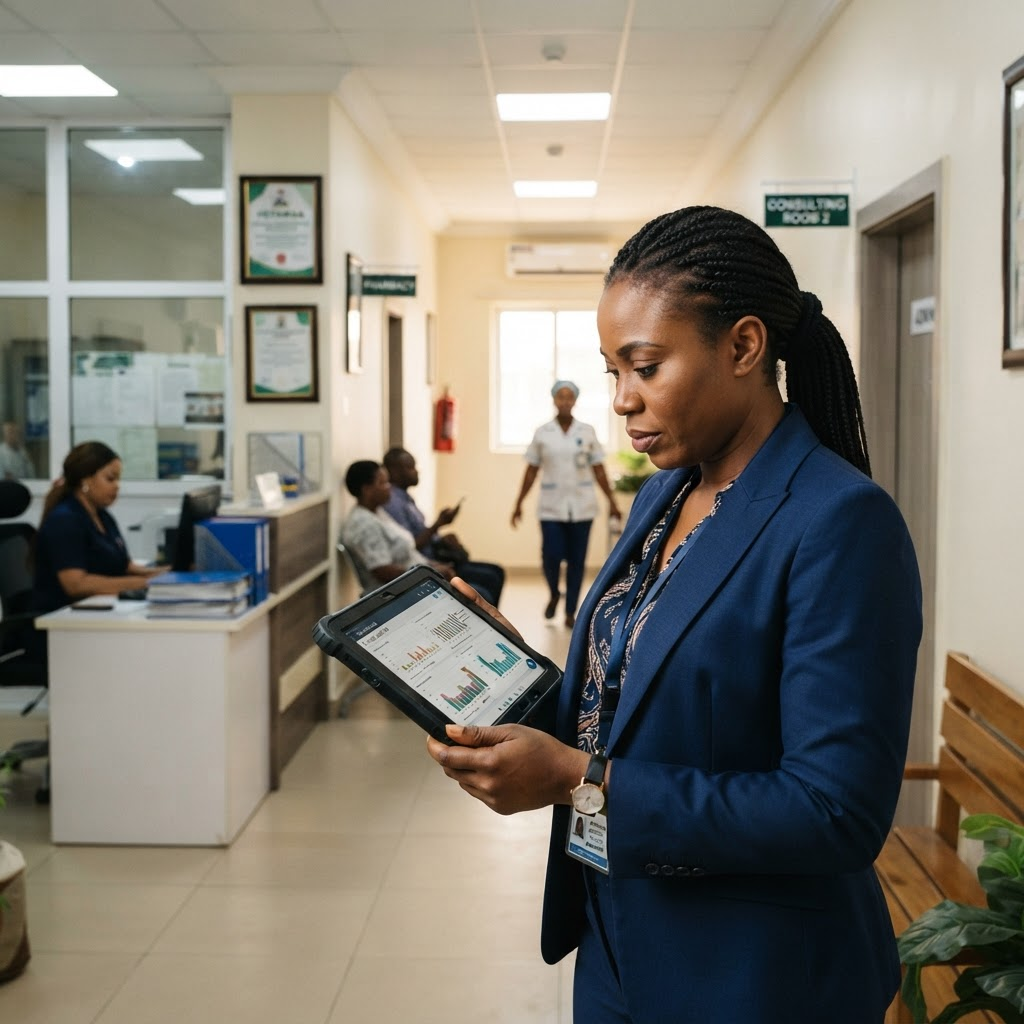 African facility manager reviewing a tablet